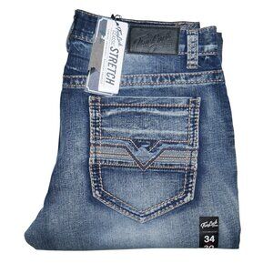 NEW True Luck Bootcut Jeans Men's Size 34x30 Thick Stitch Dark Wash BKE